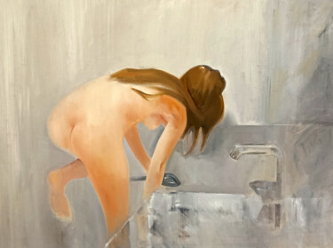Painting titled "bath time" by Nandi Veseli, Original Artwork, Oil Mounted on Wood Stretcher frame