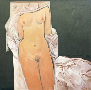 Painting titled "Nude and the drapery" by Nandi Veseli, Original Artwork, Oil Mounted on Wood Stretcher frame