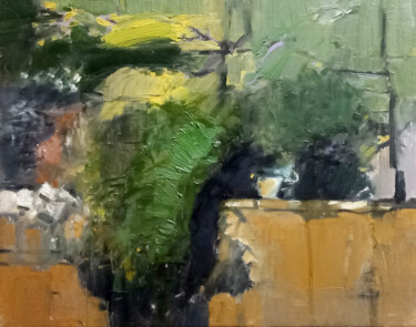 Painting titled "Back yard" by Nandi Veseli, Original Artwork, Oil Mounted on Wood Stretcher frame