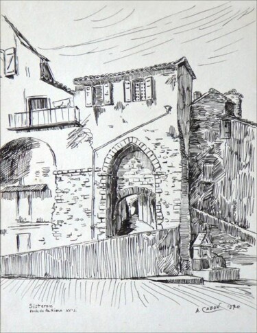 Dessin intitulée "Sisteron Porte de l…" par Adolphe Cabon, Œuvre d'art originale