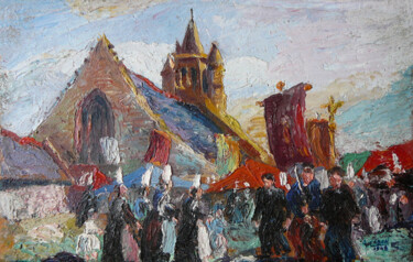 Peinture intitulée "Pardon à Notre Dame…" par Adolphe Cabon, Œuvre d'art originale