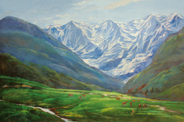 Painting titled "Пастбище в долине" by Aleksandr Saiapin, Original Artwork, Tempera