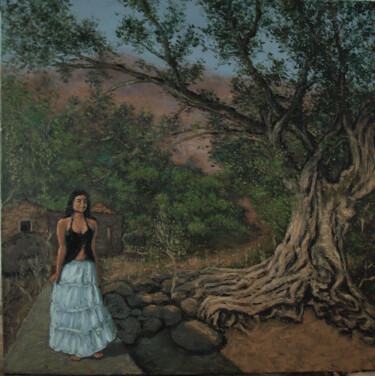 Painting titled "Diana en su tierra" by Adrian Castro, Original Artwork, Oil Mounted on Wood Stretcher frame