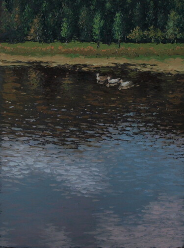 Painting titled "Patos en el Lago" by Adrian Castro, Original Artwork, Oil Mounted on Wood Panel