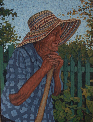 Painting titled "Abuela en el jardin" by Adrian Castro, Original Artwork, Oil Mounted on Wood Panel