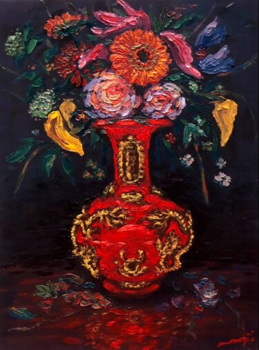 Peinture intitulée "el-jarron-rojo" par Adrian Castro, Œuvre d'art originale, Huile