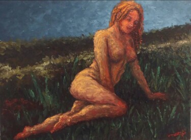 Painting titled "mujer-sobre-pasto" by Adrian Castro, Original Artwork