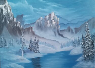 Painting titled "Winter landscape" by Adriana Voiasciuc, Original Artwork, Oil Mounted on Wood Stretcher frame