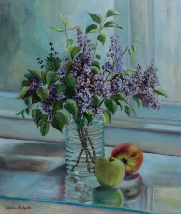 Painting titled "lilac & apple" by Adriana Balynska, Original Artwork, Oil Mounted on Other rigid panel
