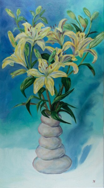 Painting titled "yellow lilies" by Adriana Balynska, Original Artwork, Oil Mounted on Wood Stretcher frame