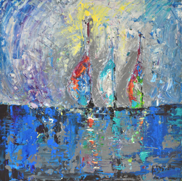 Картина под названием "Three sailboats, Or…" - Adriana Dziuba, Подлинное произведение искусства, Акрил Установлен на artwork…