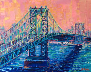 Pintura intitulada "Manhattan Bridge at…" por Adriana Dziuba, Obras de arte originais, Acrílico