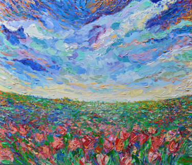 Painting titled "Field of Tulips, OR…" by Adriana Dziuba, Original Artwork, Acrylic