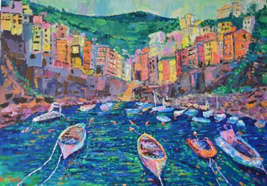 Ζωγραφική με τίτλο "Fishing Boats of Ri…" από Adriana Dziuba, Αυθεντικά έργα τέχνης, Ακρυλικό