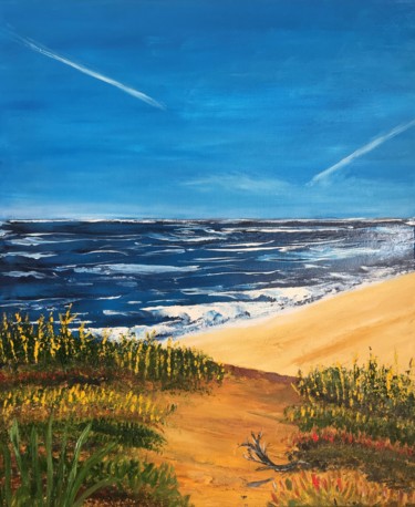 Painting titled "Beach and yellow fl…" by Adriana Tamy Saito, Original Artwork, Oil Mounted on Wood Stretcher frame