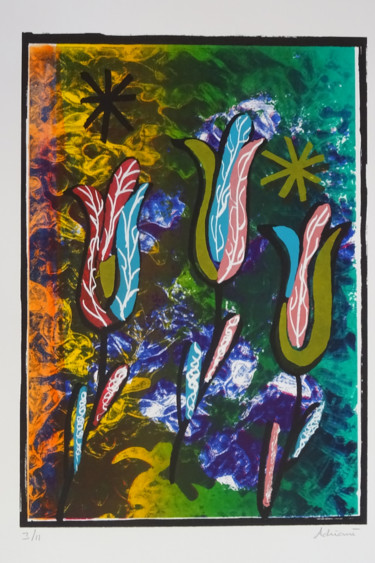 Druckgrafik mit dem Titel "flowers-1" von Henk Adriani, Original-Kunstwerk, Siebdruck