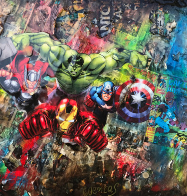 Collages intitolato "Avengers Explosion" da Adriano Cuencas, Opera d'arte originale, Acrilico