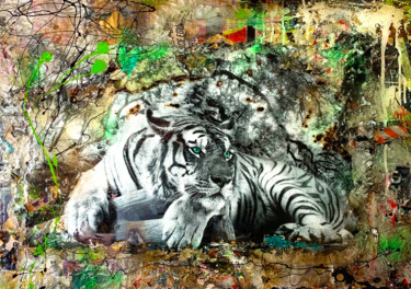 Collagen mit dem Titel "White Bengal Tiger" von Adriano Cuencas, Original-Kunstwerk, Collagen