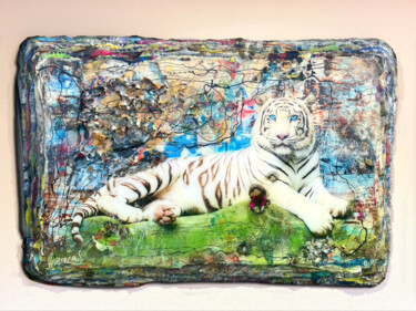 Kolaże zatytułowany „Tiger White Edition” autorstwa Adriano Cuencas, Oryginalna praca, Akryl