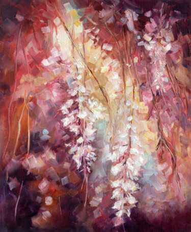 Painting titled "Burgundy Bloom" by Adrienn Pécsek, Original Artwork, Oil Mounted on Wood Stretcher frame