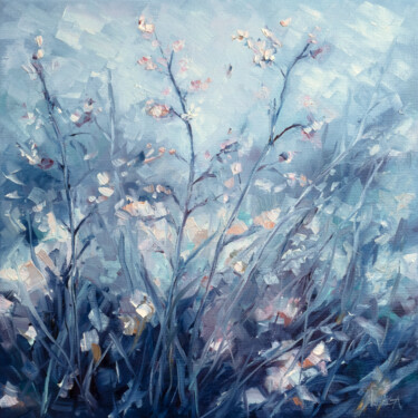 Malerei mit dem Titel "Meadow Flora In Blue" von Adrienn Pécsek, Original-Kunstwerk, Öl Auf Keilrahmen aus Holz montiert