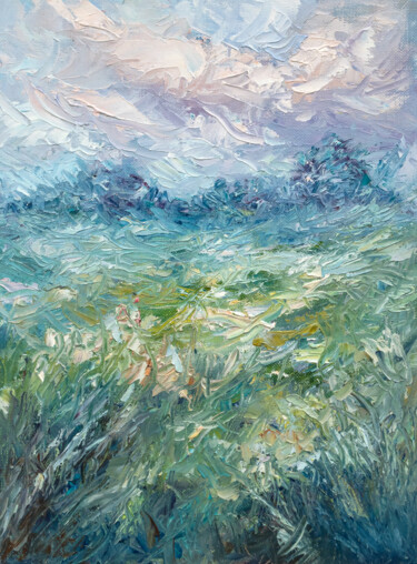 Painting titled "Meadow With Clouds" by Adrienn Pécsek, Original Artwork, Oil