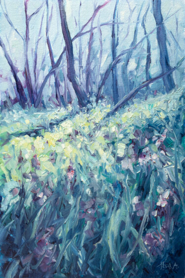 Painting titled "Spring Landscape" by Adrienn Pécsek, Original Artwork, Oil Mounted on Other rigid panel