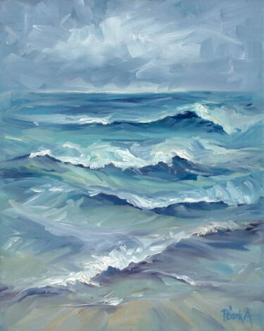 Painting titled "Waves" by Adrienn Pécsek, Original Artwork, Oil Mounted on Wood Stretcher frame