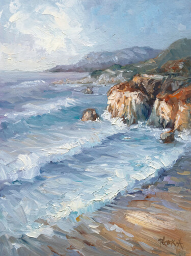 Painting titled "Big Sur Seascape" by Adrienn Pécsek, Original Artwork, Oil Mounted on Other rigid panel