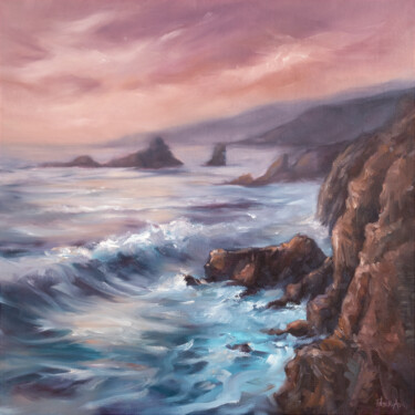 Painting titled "Big Sur Sunset" by Adrienn Pécsek, Original Artwork, Oil Mounted on Wood Stretcher frame