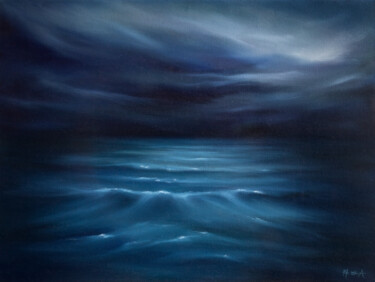 Painting titled "Nocturne Waves" by Adrienn Pécsek, Original Artwork, Oil Mounted on Wood Stretcher frame