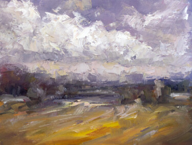 Painting titled "Lake, Field, Cloud" by Adrienn Pécsek, Original Artwork, Oil