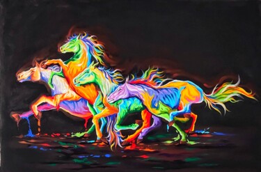 Schilderij getiteld "color full horses" door Rashmi Soni, Origineel Kunstwerk, Olie