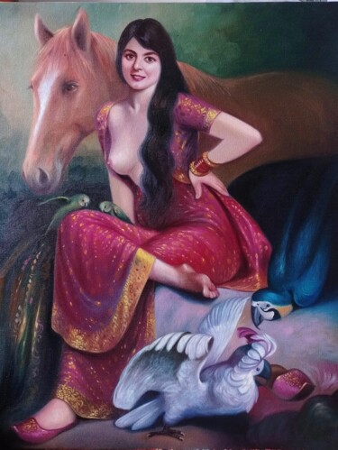 Painting titled "horse with semi nud…" by Rashmi Soni, Original Artwork, Oil