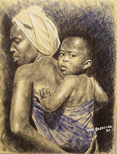 Drawing titled "Her Mother's Plight" by Adu Adeyinka, Original Artwork, Ballpoint pen