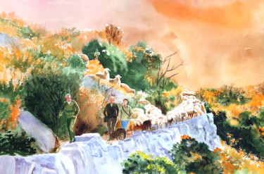 Pintura intitulada "La transhumance" por Adyne Gohy, Obras de arte originais, Aquarela