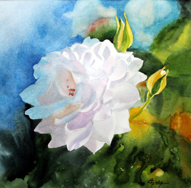 Painting titled "Une rose blanche" by Adyne Gohy, Original Artwork, Watercolor