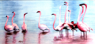 Painting titled "Des Flamants roses" by Adyne Gohy, Original Artwork, Watercolor Mounted on Other rigid panel