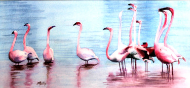 Schilderij getiteld "Des Flamants roses" door Adyne Gohy, Origineel Kunstwerk, Aquarel Gemonteerd op Andere stijve panelen