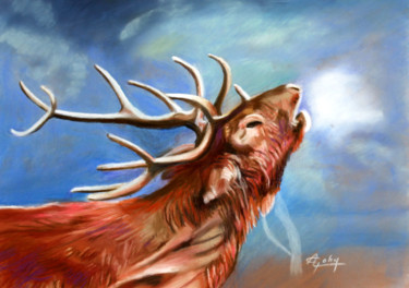 Painting titled "Le brame du cerf" by Adyne Gohy, Original Artwork, Pastel Mounted on Cardboard