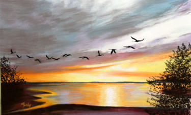 Painting titled "Au Lac du Der" by Adyne Gohy, Original Artwork, Pastel Mounted on Wood Stretcher frame