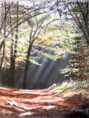 Painting titled "Promenade en forêt" by Adyne Gohy, Original Artwork, Pastel Mounted on Wood Stretcher frame