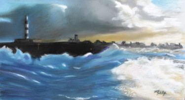 Painting titled "Le Phare du Créac'h…" by Adyne Gohy, Original Artwork, Pastel Mounted on Wood Stretcher frame