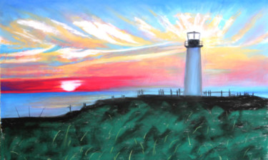 Painting titled "Phare sur l'Ile de…" by Adyne Gohy, Original Artwork, Pastel Mounted on Wood Stretcher frame