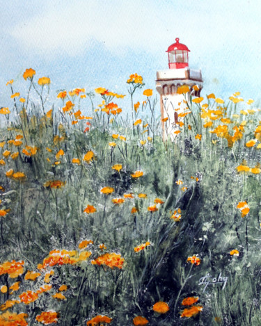 Schilderij getiteld "Le Phare des Poulai…" door Adyne Gohy, Origineel Kunstwerk, Aquarel