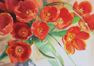 Картина под названием "Un bouquet de tulip…" - Adyne Gohy, Подлинное произведение искусства, Акварель