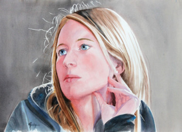 Painting titled "Pensive" by Adyne Gohy, Original Artwork, Watercolor