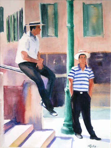 Painting titled "Gondoliers en atten…" by Adyne Gohy, Original Artwork, Watercolor