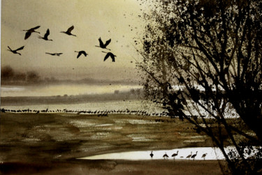 Peinture intitulée "Lac du Der" par Adyne Gohy, Œuvre d'art originale, Aquarelle