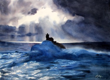 Painting titled "Le phare de Tévenne…" by Adyne Gohy, Original Artwork, Watercolor